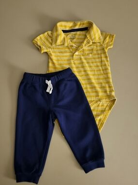 Carter's Yellow Striped Polo Onesie With Navy Blue Joggers Set  Size 9 Months